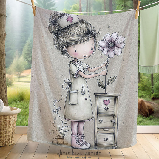 Nurse Floral Velveteen Plush Blanket, Cozy Throw for Healthcare Workers, Gift for Nurses, Relaxation Home Decor, Soft Bedding Accents