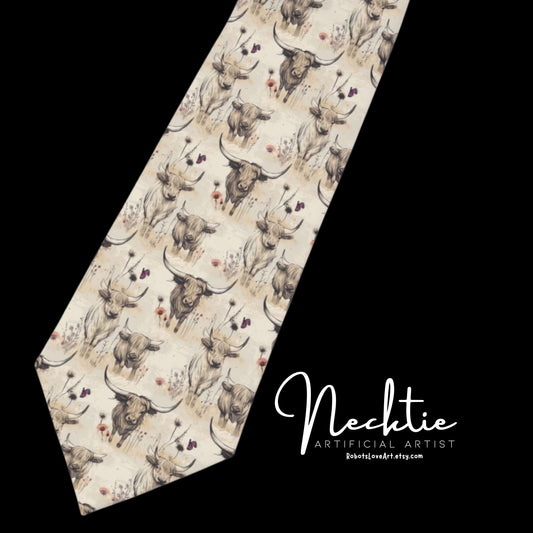 Cottagecore Homestead Highland Cow Necktie - Gifts for Him, Wedding Accessories, Father's Day Tie, Cute Dress Up