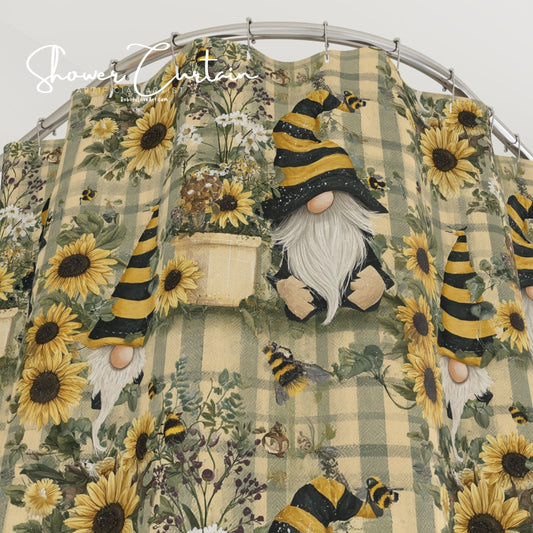 Whimsical Gnome & Sunflower Shower Curtain, Rustic Bathroom Decor, Farmhouse Style, Gift for Nature Lovers, Seasonal Home Accent