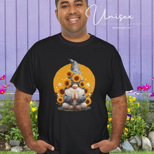 Sunflower and Yoga Gnome Unisex Heavy Cotton Tee - Boho Style, Eco-Friendly Apparel, Casual Wear, Unique Art Tee