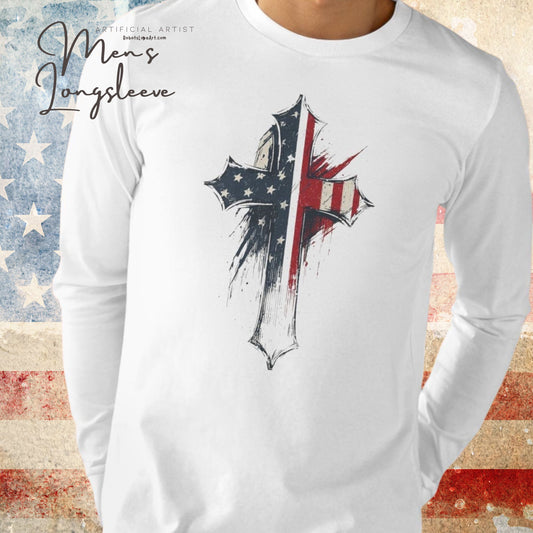 Patriotic Long Sleeve Tee with Distressed Flag Cross, USA Pride Shirt, Casual Wear, Gift for Veterans, Memorial Day, Independence Day