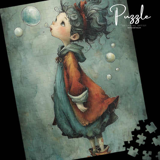 Blue Colored Little Girl and Bubble Puzzles - Enchanting Artwork for Family Fun, Stress Relief