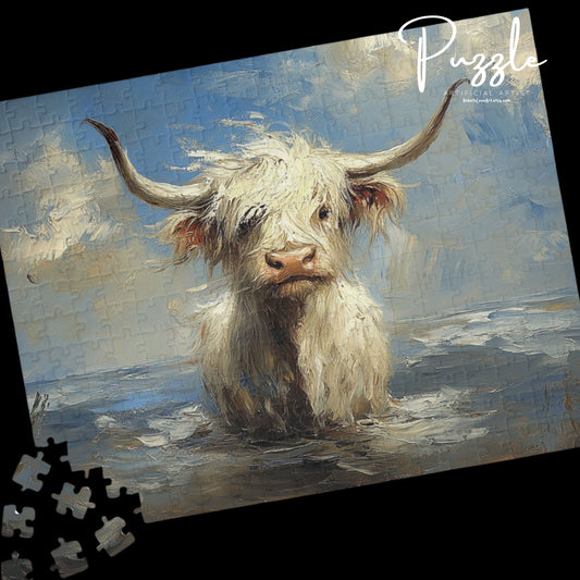 Puzzle - White Baby Highland Cows Beach Day Design