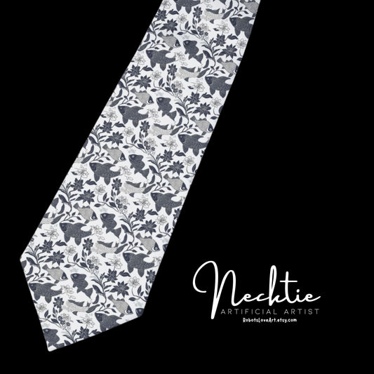 Necktie - Elegant Black and White Fish Pattern, Perfect for Wedding