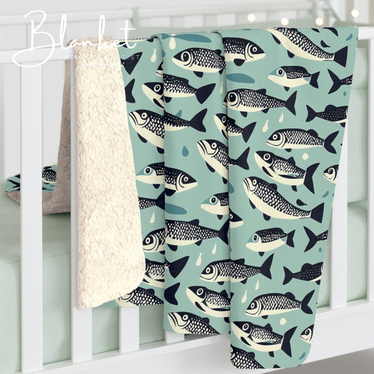 Fish Pattern Sherpa Fleece Blanket, Gift for Fishermen, Outdoor Lover's Blanket, Unique Blanket