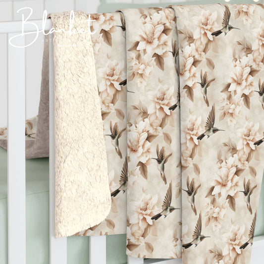 Sherpa Fleece Blanket - Ivory Hummingbirds