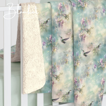 Sherpa Fleece Blanket - Soft Turquoise Hummingbirds