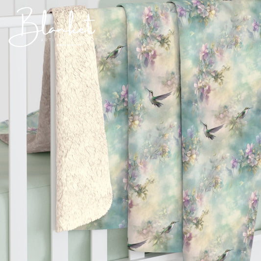 Sherpa Fleece Blanket - Soft Turquoise Hummingbirds