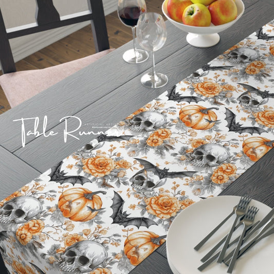 Halloween Themed Table Runner, Spooky Decor for Fall, Gothic Home Accents, Pumpkin and Skull Design, Perfect for Parties
