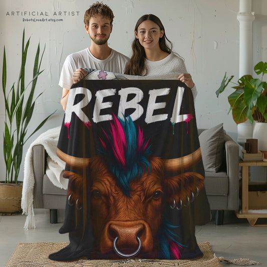 Rebel Cow Velveteen Plush Blanket, Cozy Throw for Animal Lovers, Unique Home Decor, Gift for Him/Her, Cow Decor