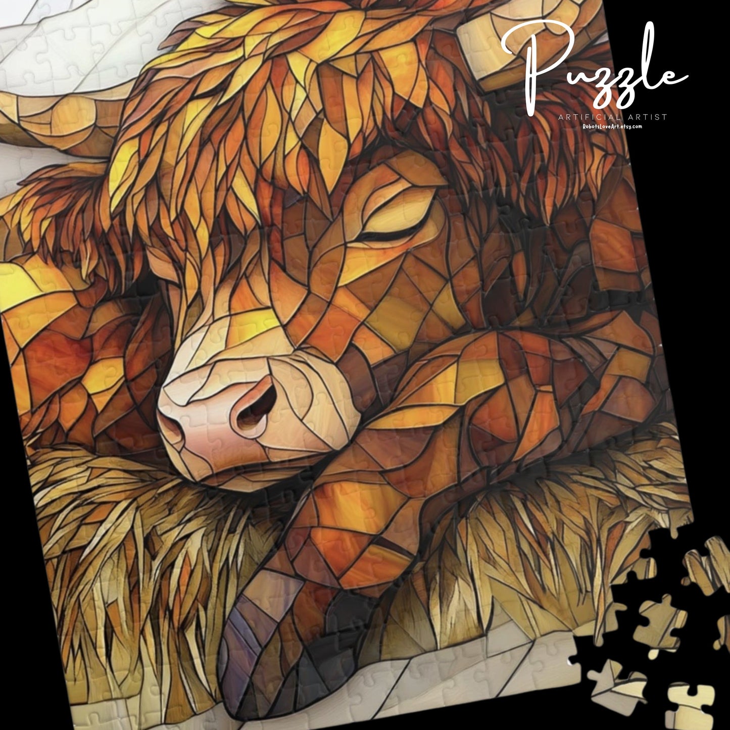 Colorful Stained Glass Highland Cow Puzzle | Relaxing Art Puzzle | Gift for Puzzle Lovers, Stress Relief, Cozy Nights