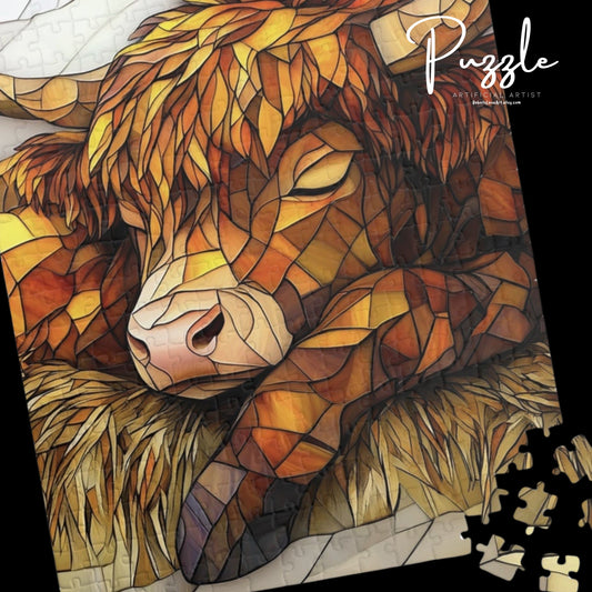 Colorful Stained Glass Highland Cow Puzzle | Relaxing Art Puzzle | Gift for Puzzle Lovers, Stress Relief, Cozy Nights