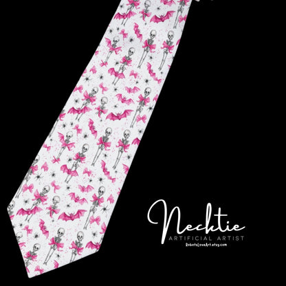 Pink and White Halloween Necktie for Weddings, Business, Parties, Stylish Accessory, Gift for Him | Skelton Print