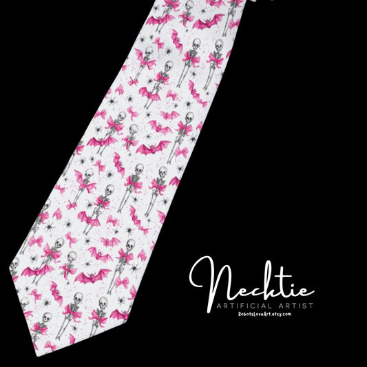 Pink and White Halloween Necktie for Weddings, Business, Parties, Stylish Accessory, Gift for Him | Skelton Print