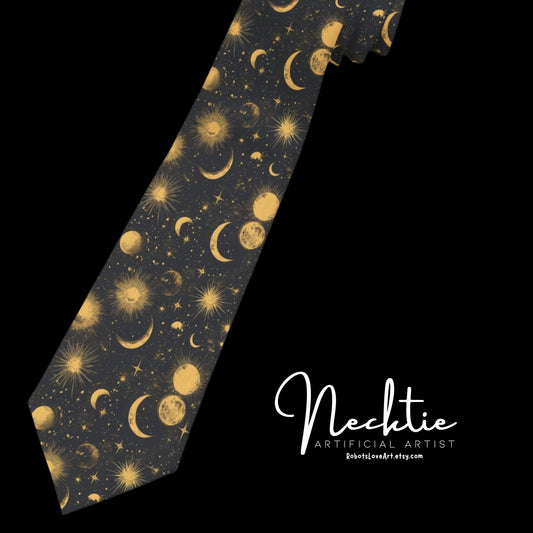 Celestial Print Necktie | Moon and Stars Tie | Unique Men's Accessory | Perfect for Gifts, Weddings, Parties, Formal Events