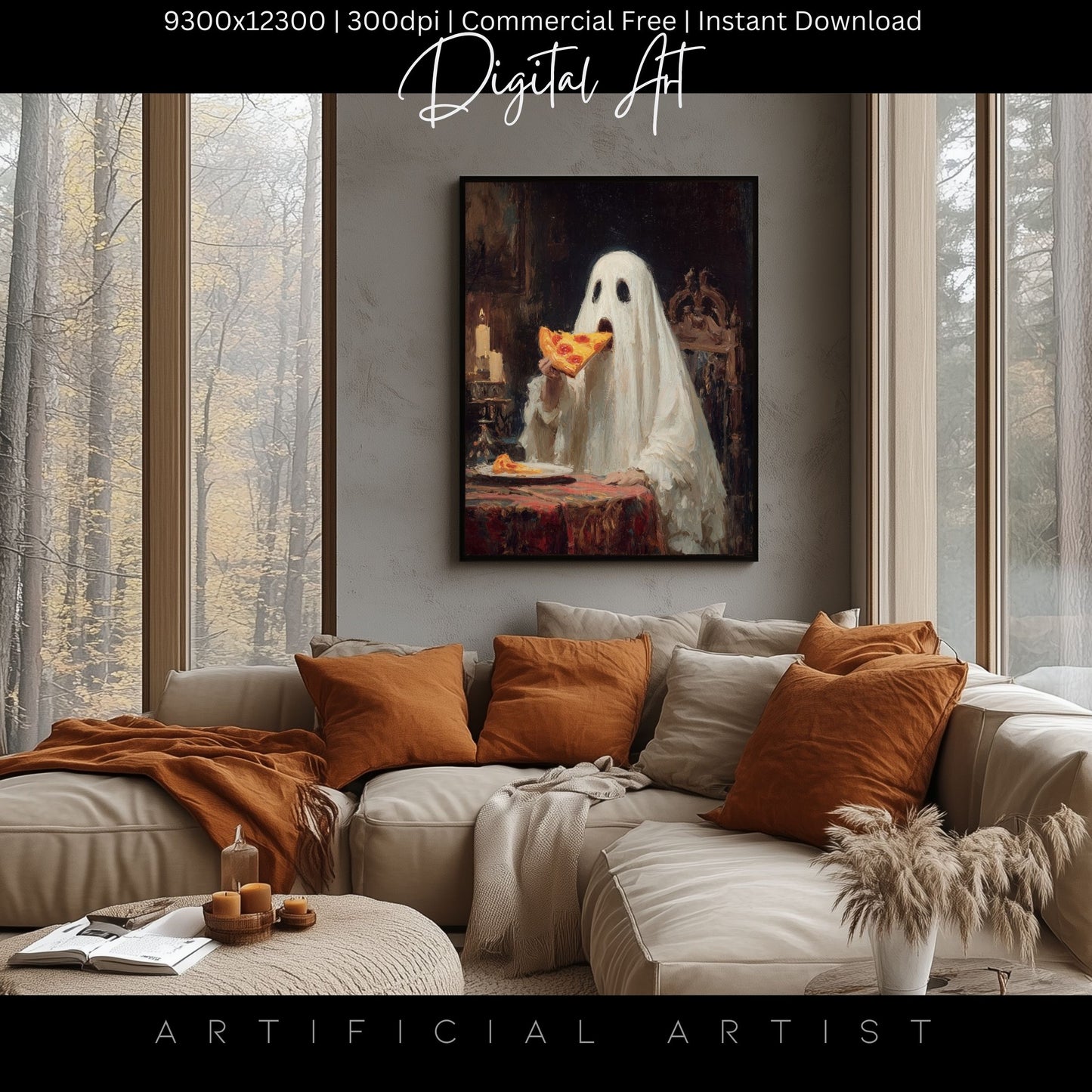 Ghost Pizza | Instant Download | Digital AI Art | Halloween Decor