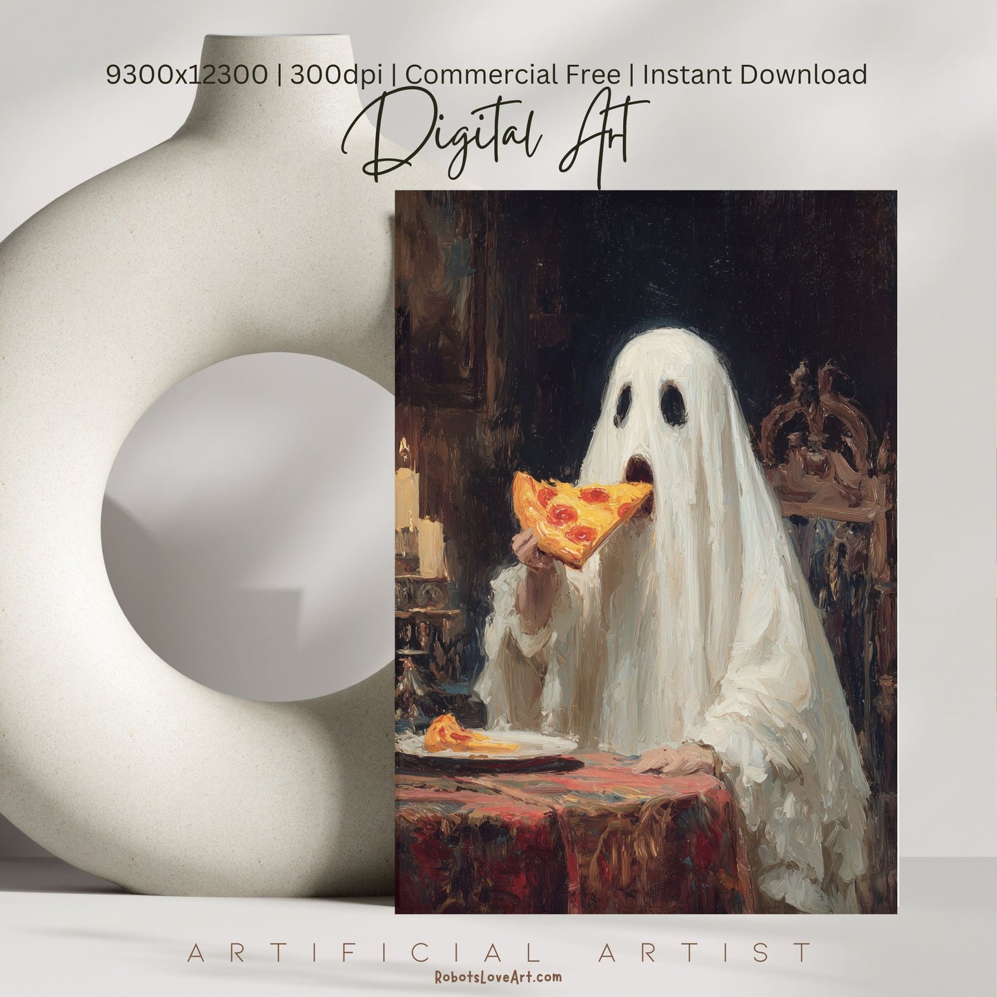 Ghost Pizza | Instant Download | Digital AI Art | Halloween Decor
