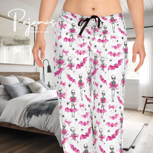 Playful Skeleton Women's Pajama Pants, Halloween Sleepwear, Cozy Lounge Pants, Gift for Her, Skeleton Print Sleep Pants