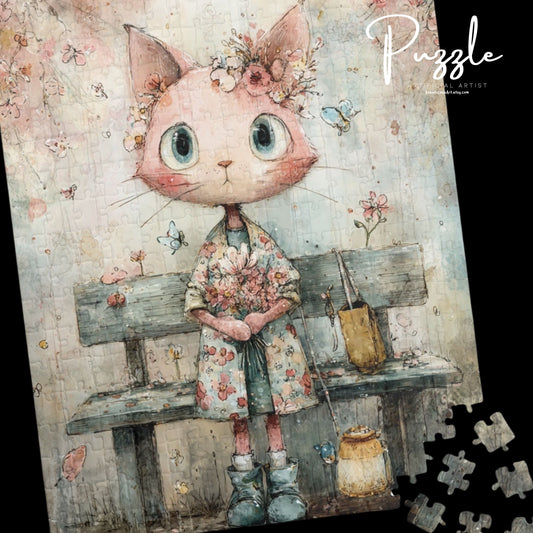 Cat-Themed Puzzle with Floral Design, Perfect Gift for Cat Lovers, Family Game Night, Relaxation Activity, Home Decor