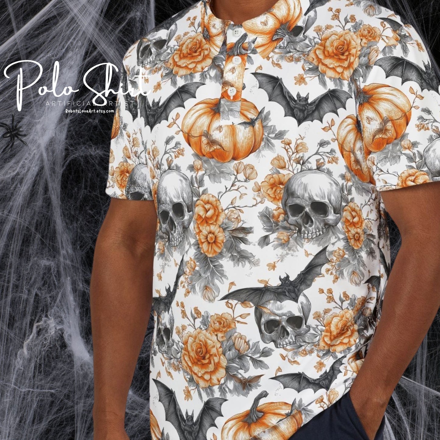 Halloween Skull & Pumpkin Polo Shirt, Fall Apparel, Unisex Halloween Shirt, Spooky Fashion, Autumn Style, Gothic Clothing