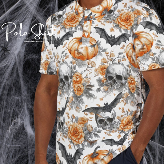 Halloween Skull & Pumpkin Polo Shirt, Fall Apparel, Unisex Halloween Shirt, Spooky Fashion, Autumn Style, Gothic Clothing