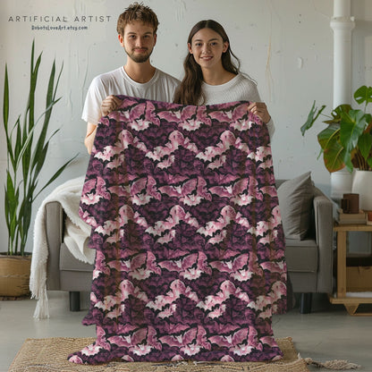 Cozy Pink Halloween Bats Velveteen Plush Blanket with Botanical Design | Perfect for Home Decor, Gifts, Girl Grunge