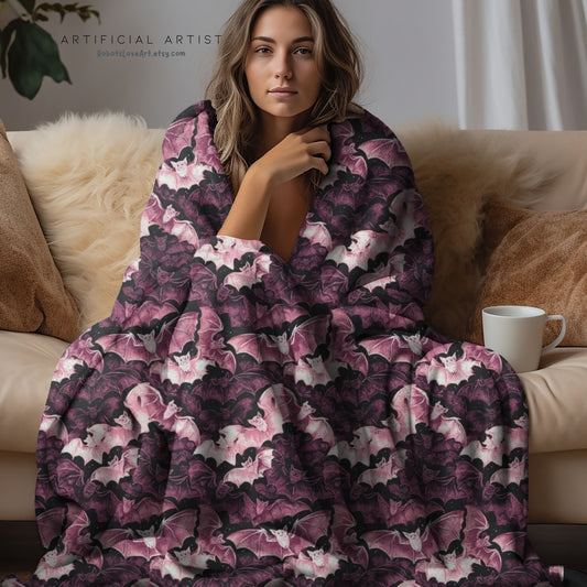 Cozy Pink Halloween Bats Velveteen Plush Blanket with Botanical Design | Perfect for Home Decor, Gifts, Girl Grunge