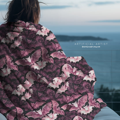 Cozy Pink Halloween Bats Velveteen Plush Blanket with Botanical Design | Perfect for Home Decor, Gifts, Girl Grunge