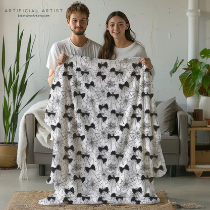 Spiderweb Cozy Velveteen Plush Blanket with Stylish Bow Pattern, Gift for Her, Snuggle Blanket, Halloween Blanket, Warm Throw