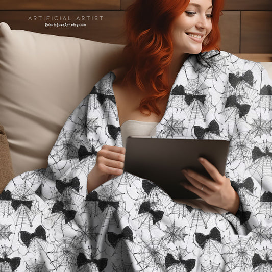 Spiderweb Cozy Velveteen Plush Blanket with Stylish Bow Pattern, Gift for Her, Snuggle Blanket, Halloween Blanket, Warm Throw