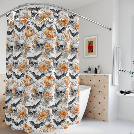 Spooky Floral Shower Curtain with Skulls and Pumpkins, Halloween Decor, Bathroom Accessory, Gift for Halloween Lovers