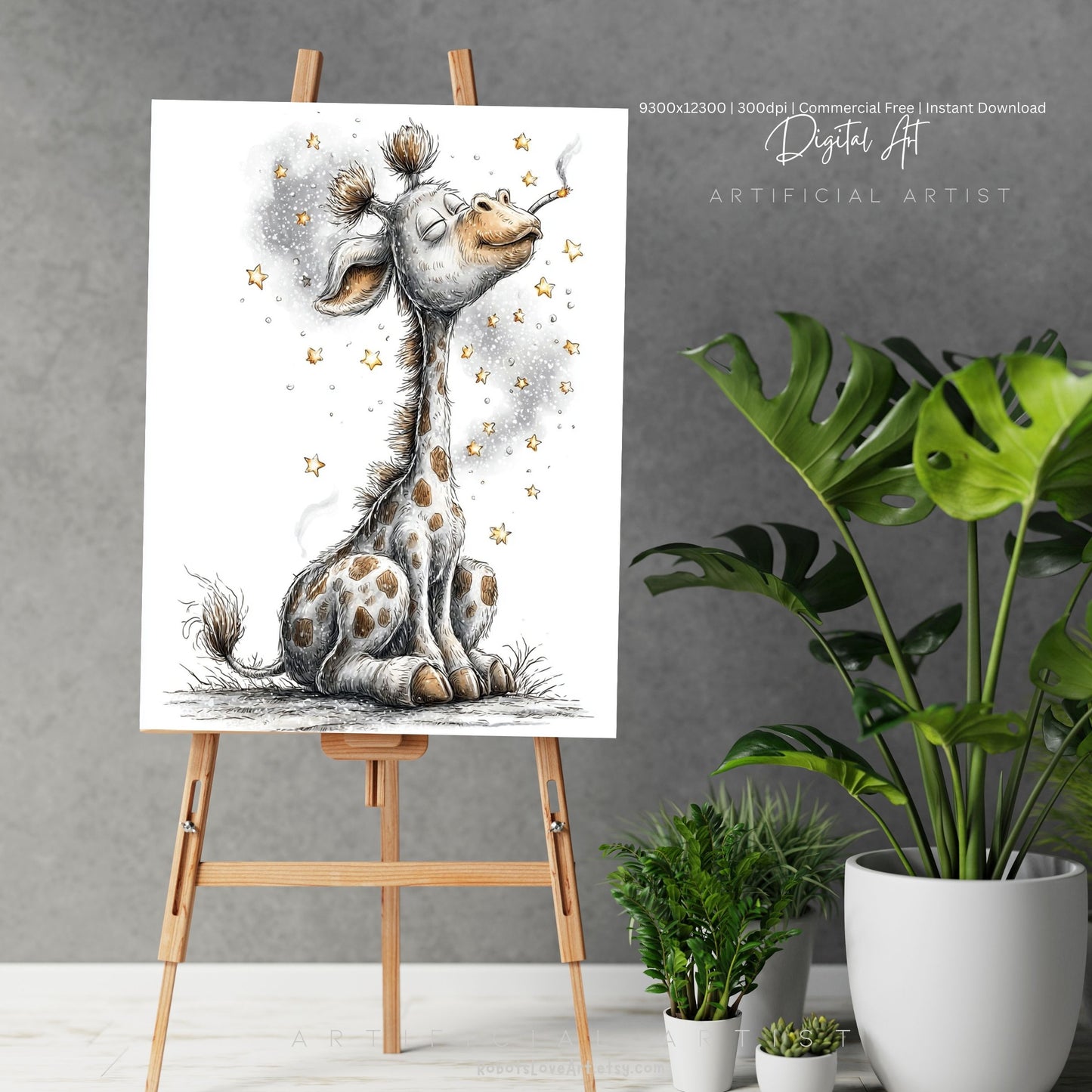 Smoking Giraffe Painting | Instant Download | Digital AI Art | Camel Cigarettes Inspired Wall Art
