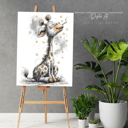 Smoking Giraffe Painting | Instant Download | Digital AI Art | Camel Cigarettes Inspired Wall Art