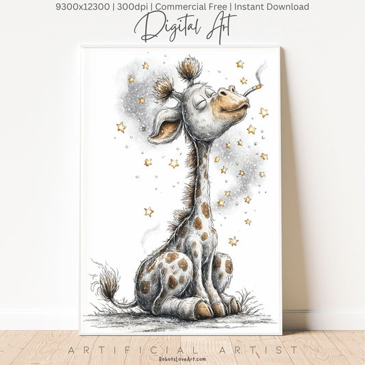 Smoking Giraffe Painting | Instant Download | Digital AI Art | Camel Cigarettes Inspired Wall Art