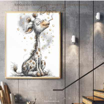 Smoking Giraffe Painting | Instant Download | Digital AI Art | Camel Cigarettes Inspired Wall Art