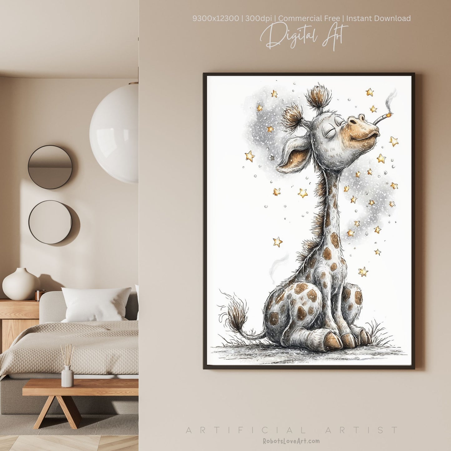 Smoking Giraffe Painting | Instant Download | Digital AI Art | Camel Cigarettes Inspired Wall Art