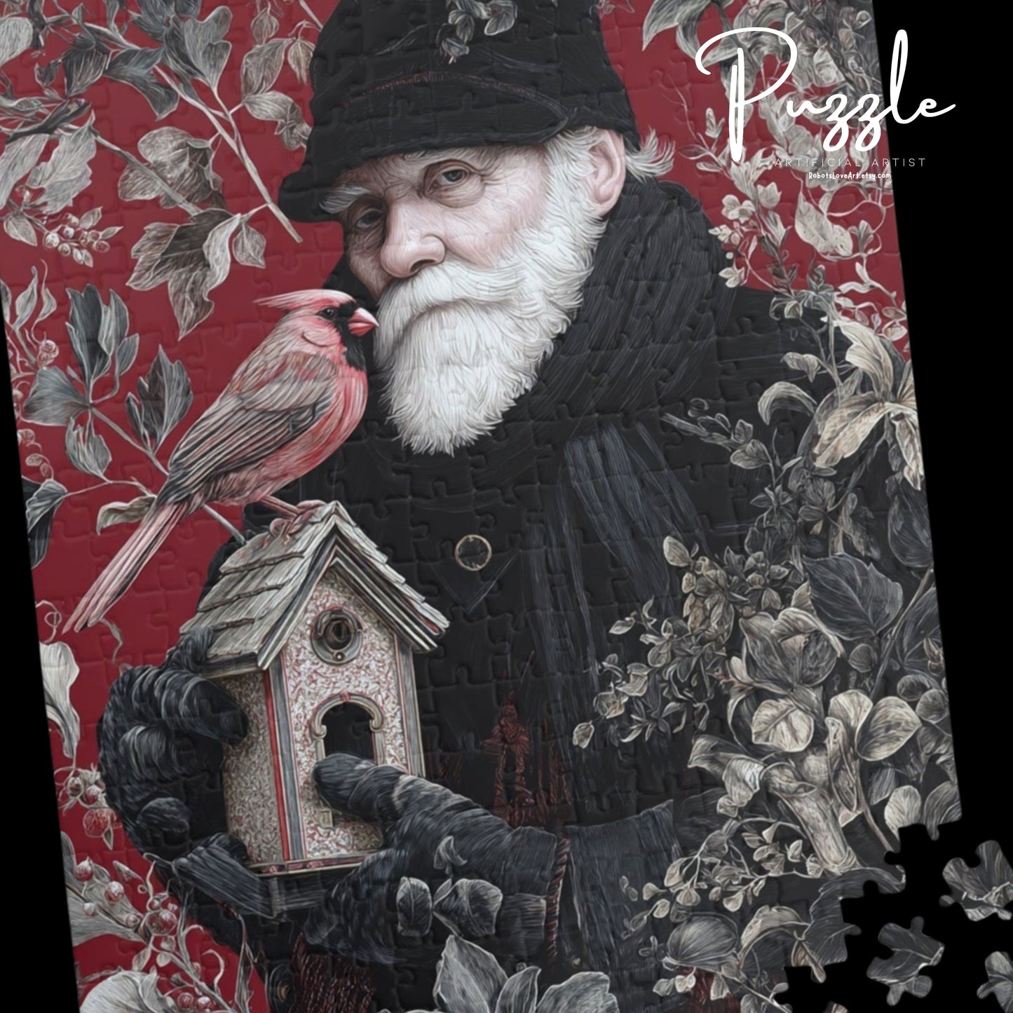 Puzzle - Wise Old Man with Birdhouse on Red Floral Background