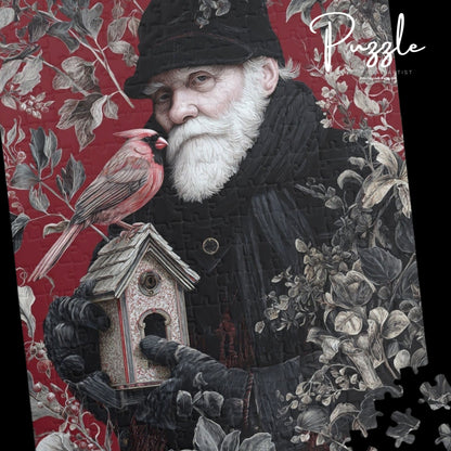 Puzzle - Wise Old Man with Birdhouse on Red Floral Background