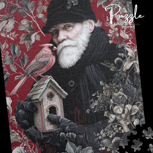 Puzzle - Wise Old Man with Birdhouse on Red Floral Background
