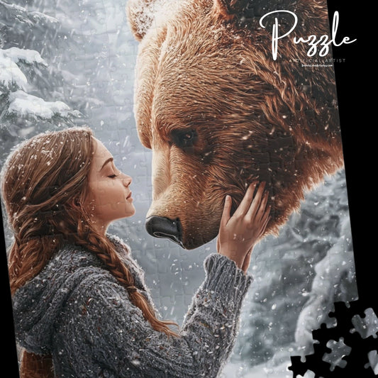 Nature-Inspired Puzzle, Wildlife Puzzle, Bear and Girl Artwork, Eco-Friendly Gift, Family Activity, Snowy Scene Decor