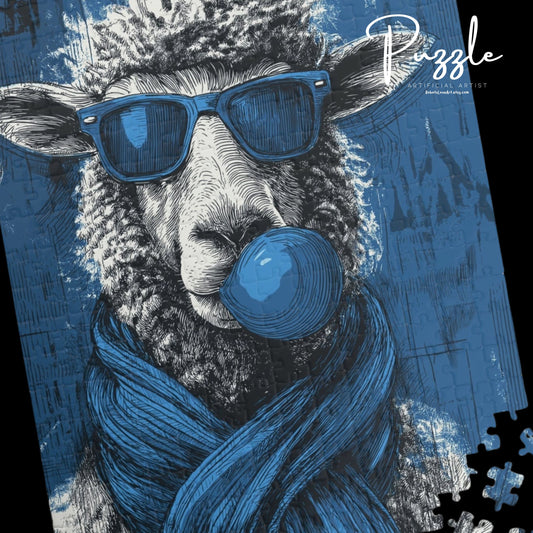 Hipster Sheep Puzzle - Fun, Unique Jigsaw Puzzle for Animal Lovers, Family Game Night, Gift for Friends, Home Decor, Blue Sheep Art