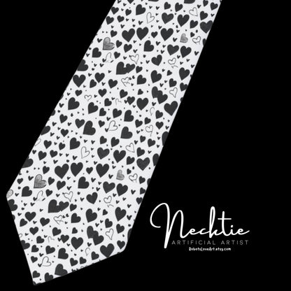 Necktie - Black Tiny Hearts on White Design Elegant Men's Formalwear Accessory