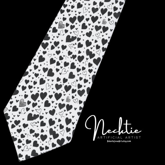 Necktie - Black Tiny Hearts on White Design Elegant Men's Formalwear Accessory