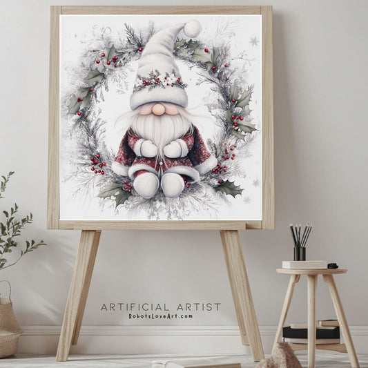 Gnome in a Wreath | Instant Download | Digital AI Art | Cottagecore White Christmas Wall Art