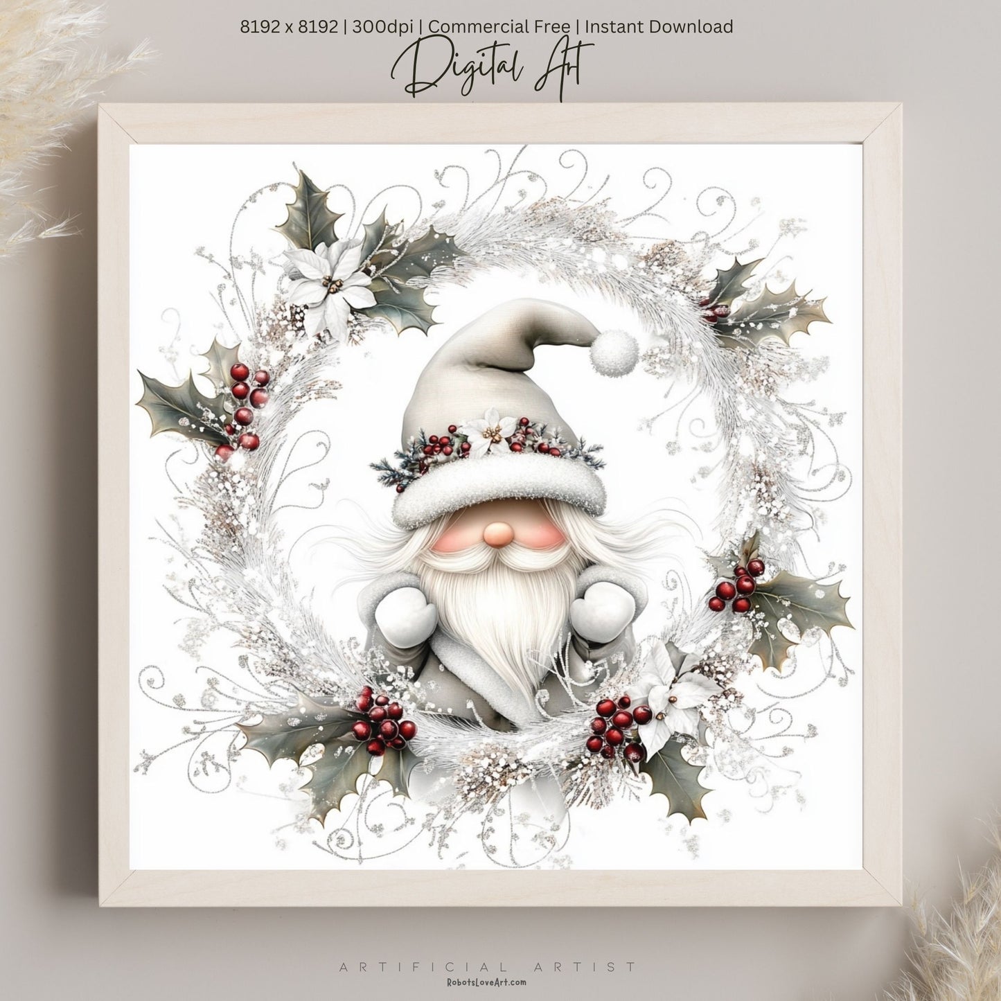 Christmas Gnome Decor| Instant Download | Digital AI Art | Fantasy White Christmas Wall Art