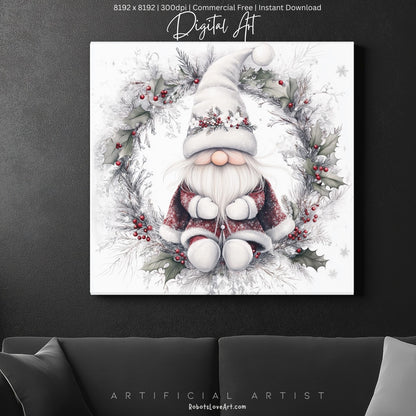 Christmas Gnome Decor| Instant Download | Digital AI Art | Fantasy White Christmas Wall Art