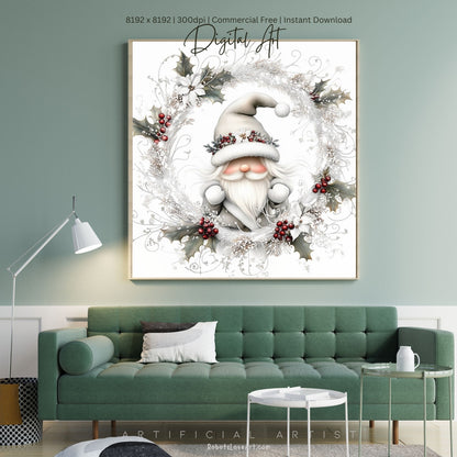 Christmas Gnome Decor| Instant Download | Digital AI Art | Fantasy White Christmas Wall Art