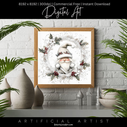 Christmas Gnome Decor| Instant Download | Digital AI Art | Fantasy White Christmas Wall Art
