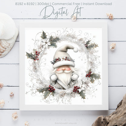 Christmas Gnome Decor| Instant Download | Digital AI Art | Fantasy White Christmas Wall Art