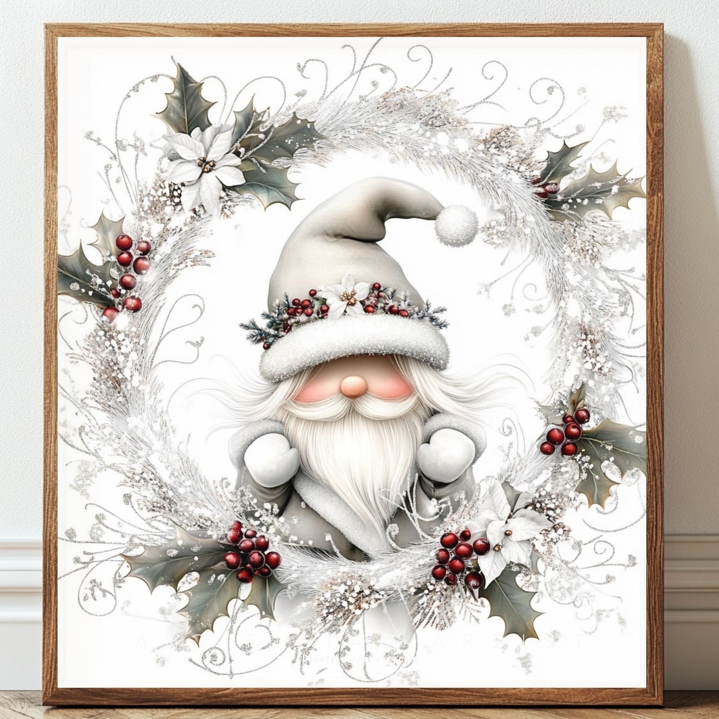 Christmas Gnome Decor| Instant Download | Digital AI Art | Fantasy White Christmas Wall Art